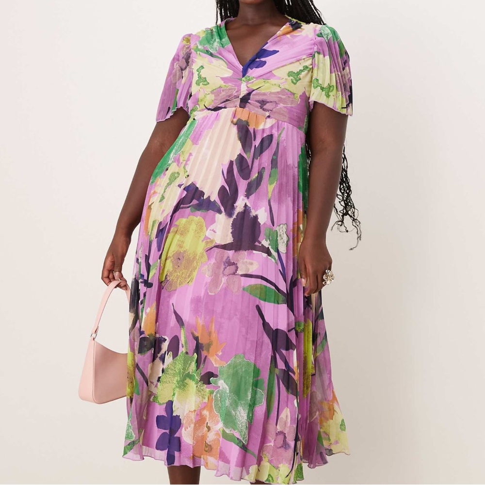 Asos Curve Floral Pleated Midi Dress
